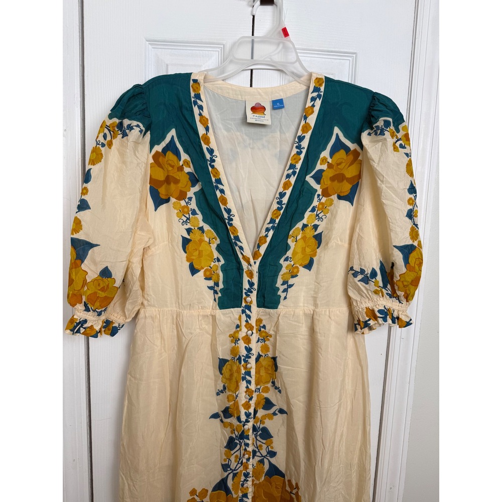 FARM Rio Anthropologie Floral Midi Dress XL Button Front Puff Sleeve Viscose - Picture 4 of 14